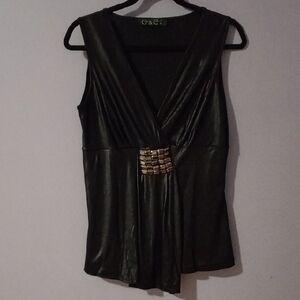 Black Asymmetrical Sleeveless Blouse with Gold Embellishment